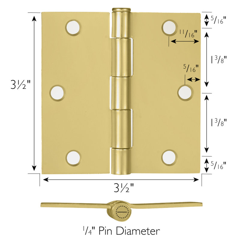 Charnière de porte, 3,5 po, rayon de coin carré, paquet de 9, Laiton satiné