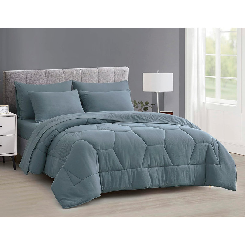 Washed Microfiber 7-Pieces Honeycomb Comforter Set with Sheets, Dusty Blue, Oversized King Comforter + 6 Additional Pieces