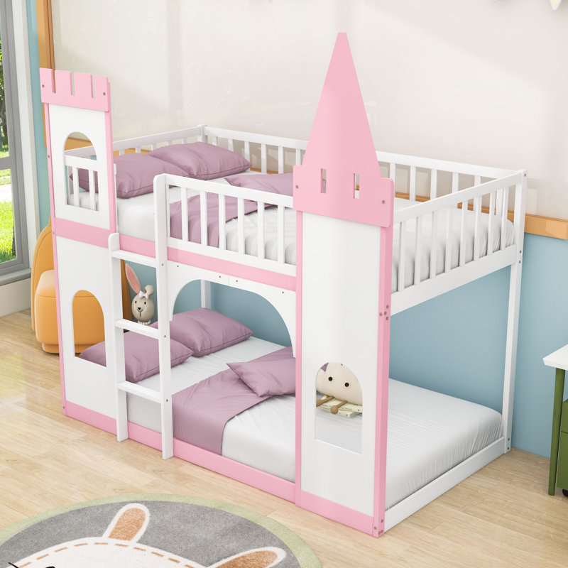 Lit superposé simple en forme de château en bois avec garde-corps et échelle