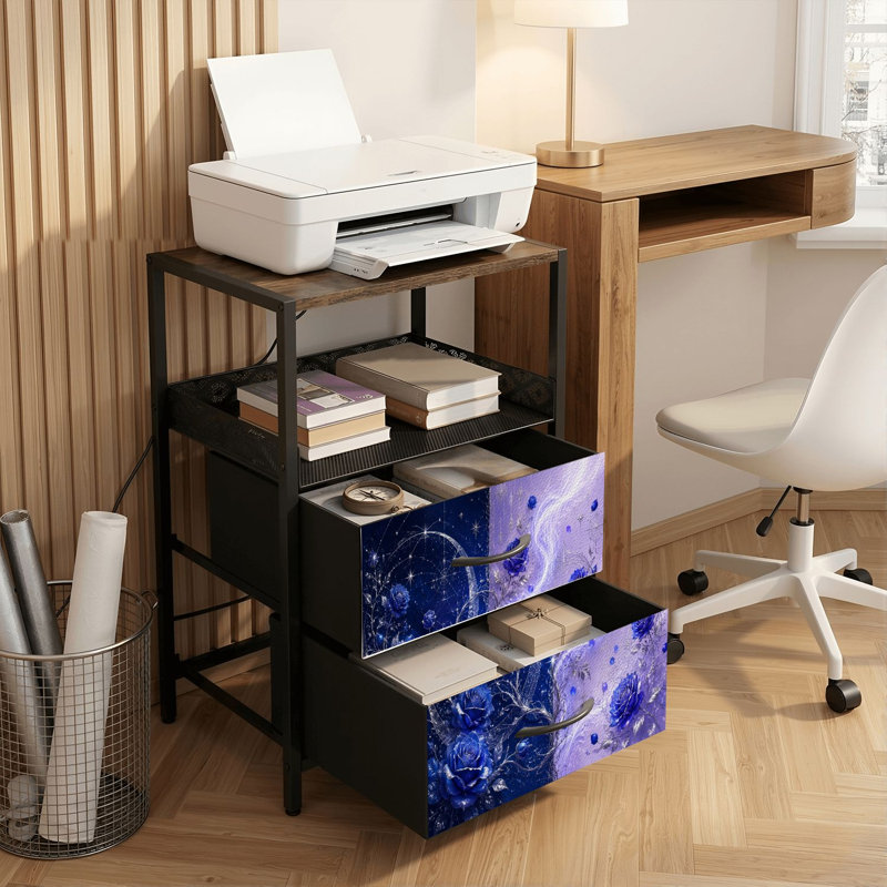 Table de chevet 2 tiroirs avec station de charge, table de chevet de chambre à coucher avec ports USB, tablette ouverte noire, table de chevet avec roses bleues rêveuses