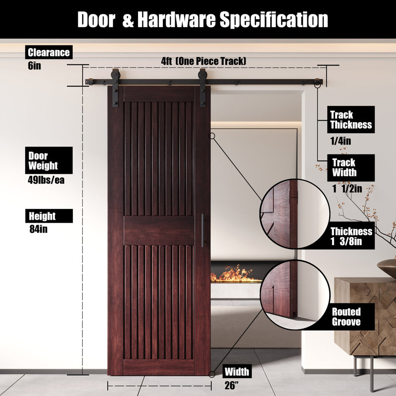 Porte de grange à rayures verticales non assemblée et fini 26 po x 84 po en acajou rouge Homacer de Homacer, 26 po x 84 po