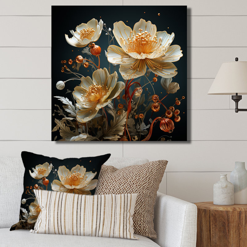 Botanique beige rétro sur toile, H 36 po x l 36 po, Encadrement doré