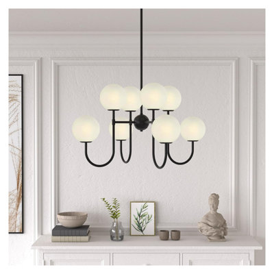 Lustre Sputnik à 8 lumières de style milieu du siècle avec abat-jour en verre nuageux, plafonnier globe noir mat pour îlot de cuisine, salle à manger et salon (ampoules non comprises)
