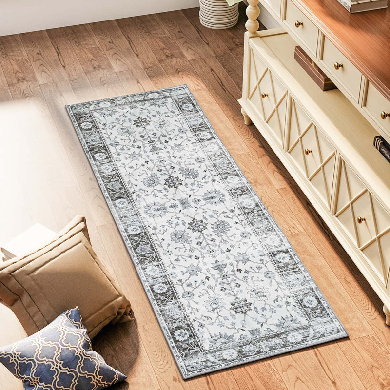 Non-Slip Machine Washable Vintage Area Rug in Grey/Cream for Living Room, Bedroom, Hallway Runner Indoor Rugs, Runner 2' x 6'