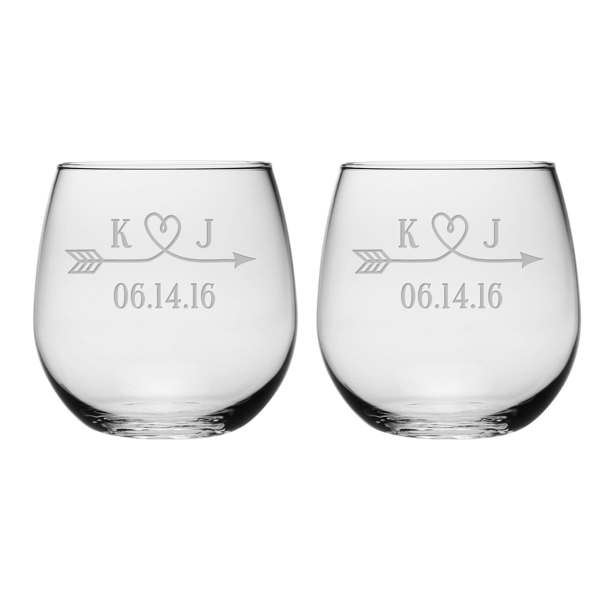 Personalized etched wine glass set of two, Stemmed wine glasses