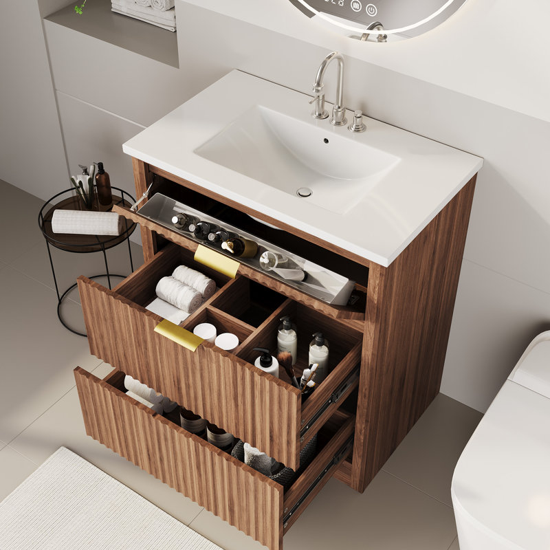36" Fluted Bathroom Vanity with Sink, Freestanding Bathroom Vanity Cabinet with 2 Drawers & Flip-Down Drawer, Modern Farmhouse Bathroom Storage Cabinet