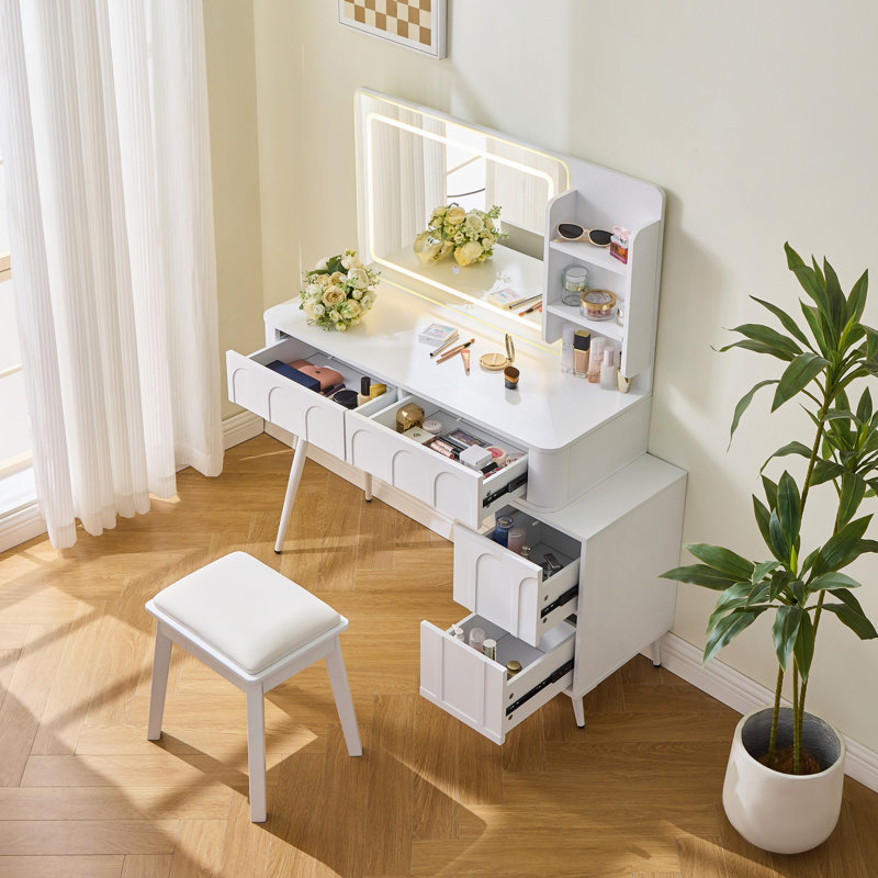 Makeup Vanity Desk With LED Lights & Mirror, 4 Drawer Dressing Table Set With Stool, 3 Colors Dimmable Brightness, Space-Saving For Bedroom