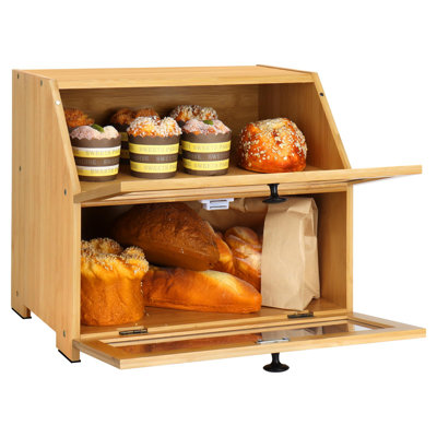 Bamboo Bread Box For Kitchen Countertop, Large Bread Storage Container Bin 2 Layer Breadbox Holder(Natural)