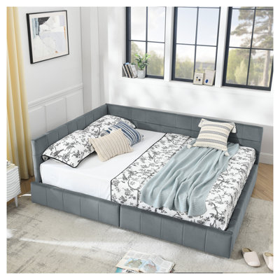 Lit de jour rembourré en velours gris avec tiroirs de rangement et dossier capitonné, cadre de canapé-lit polyvalent pour la chambre à coucher et le salon