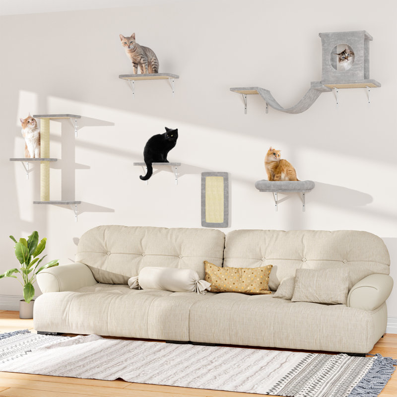 Ensemble d'escalade mural pour chat avec perchoir flottant, pont, maison de chaton, aire de jeu de bricolage, Gris clair
