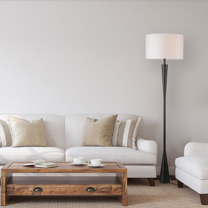 Matte Black 70" Modern Floor Lamp with White Fabric Drum Shade
