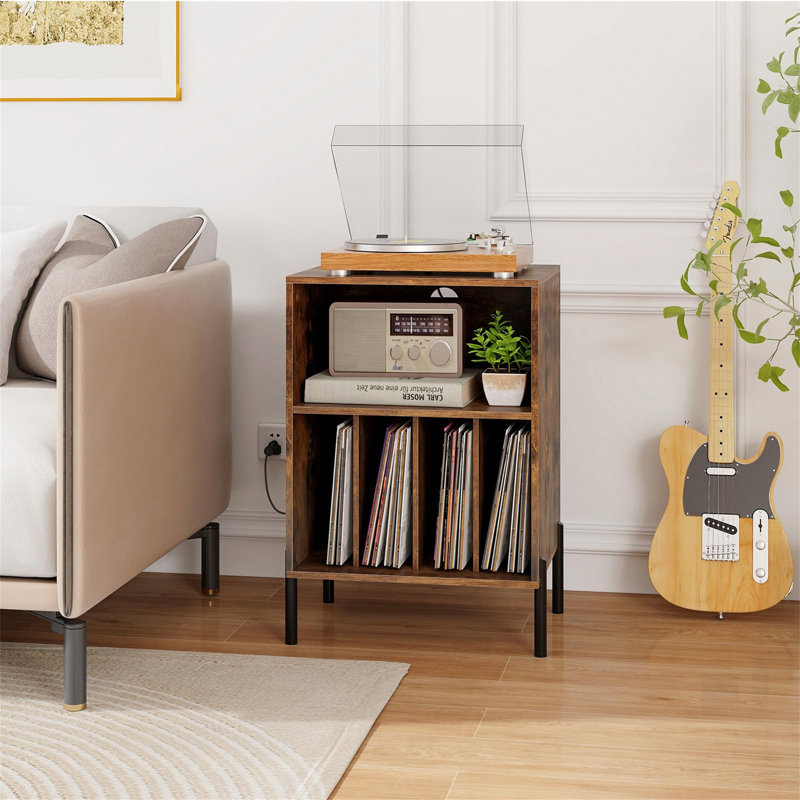 Support pour tourne-disque avec station de charge, peut contenir 150 albums, brun rustique, Brun