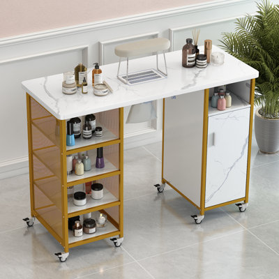 Manicure Table, Marbling Texture Nail Table With Electric Downdraft Vent,Wrist Cushion, Lockable Wheels, Storage Layers & Cabinet,White