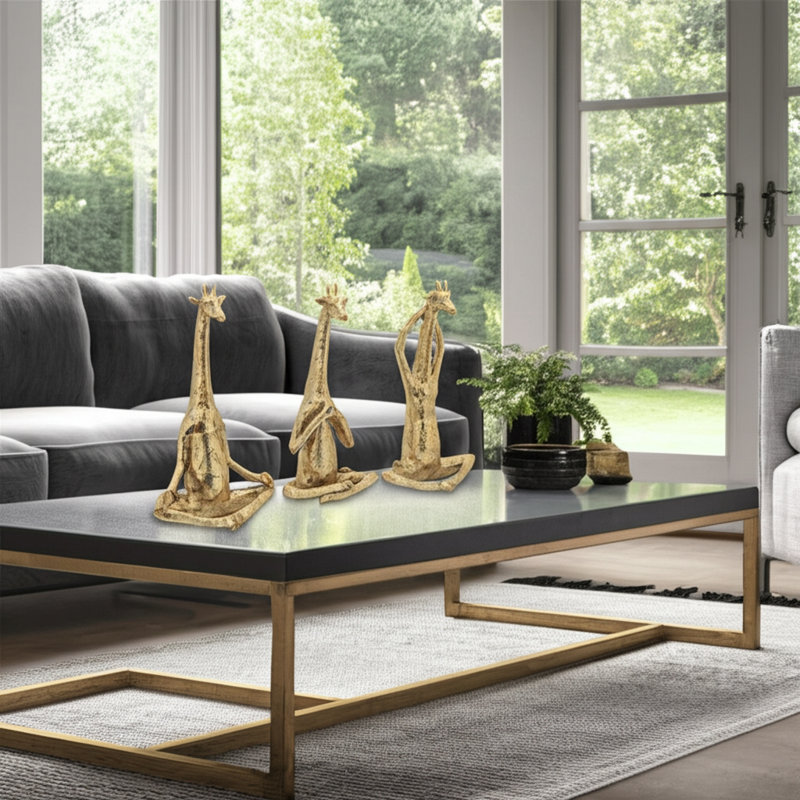 Decorative Resin Yoga Giraffe Figurines for Home Decor - Animal Sculptures for Table Accent or Living Room Decoration - Set of 3, 12", Gold & Metallic