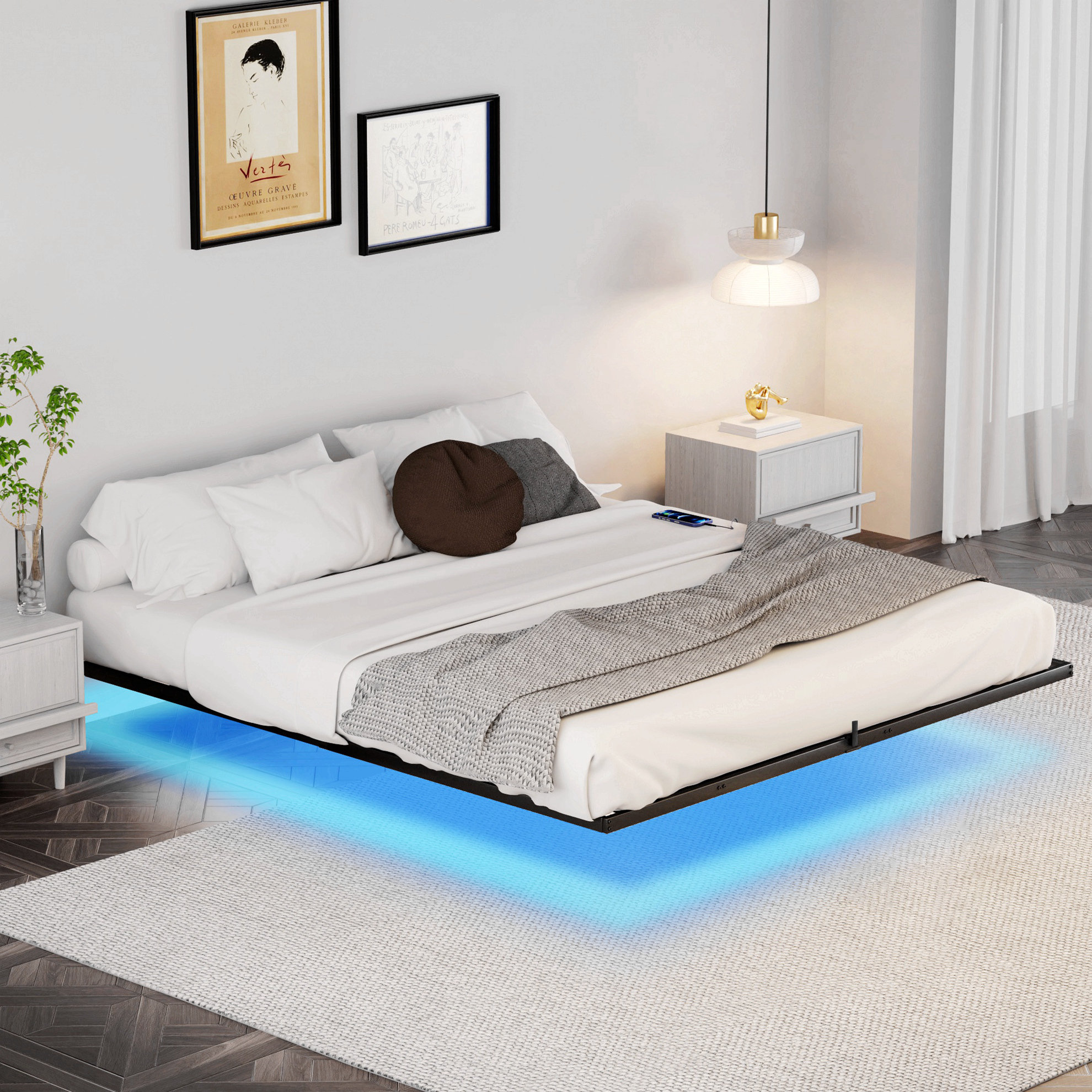 Ebern Designs Floating Bed Frame With LED Lights & Charging Station ...