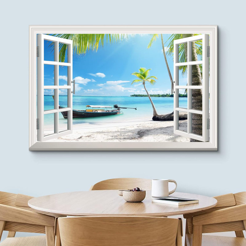 «Window Scenery Boat on the Oceanside», impression sur toile tendue, H 32 po x l 48 po