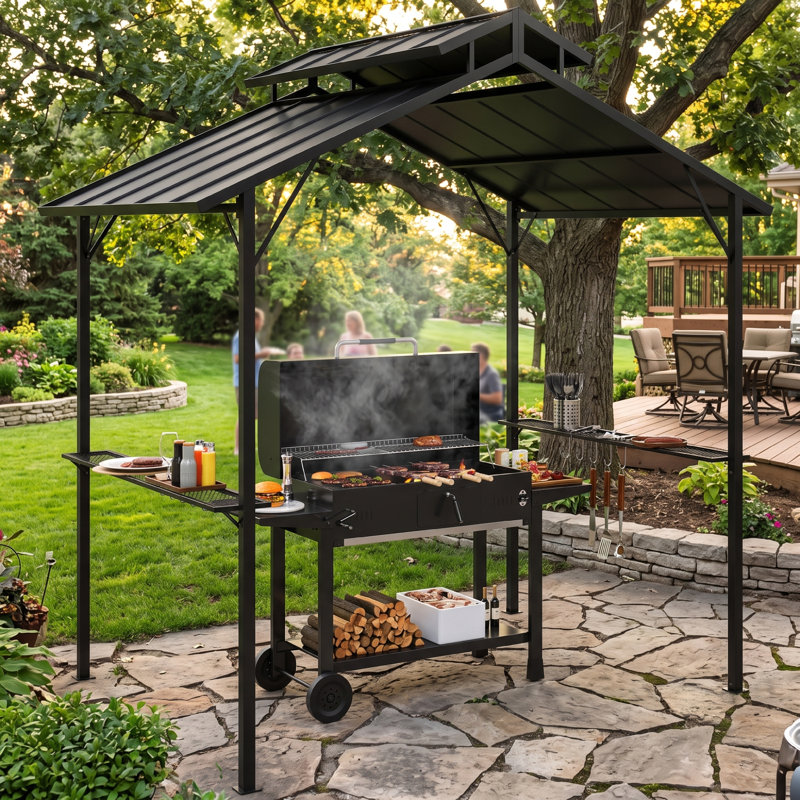 Gazebo double toit rigide de 2,4 x 1,5 m avec barbecue intégré, idéal pour terrasse, jardin ou pelouse.