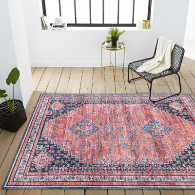 Lesandra Geometric Medallions Machine-Washable Terracotta/Navy Rug