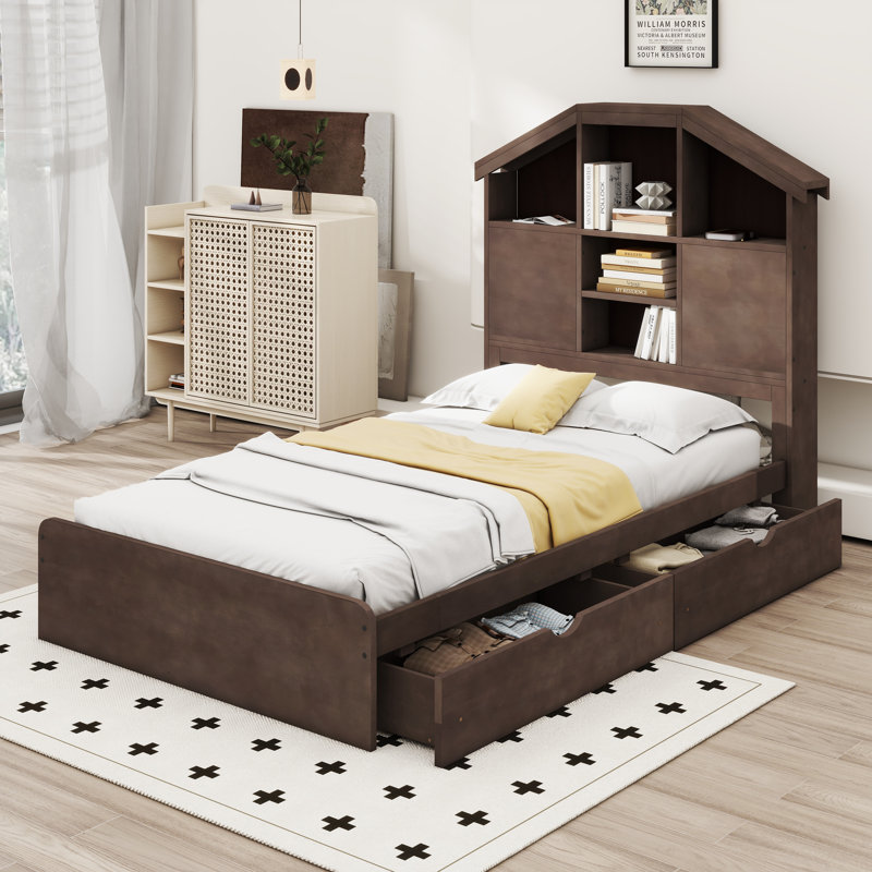 Abdella Panel Headboard Design Bed with Drawers, Walnut