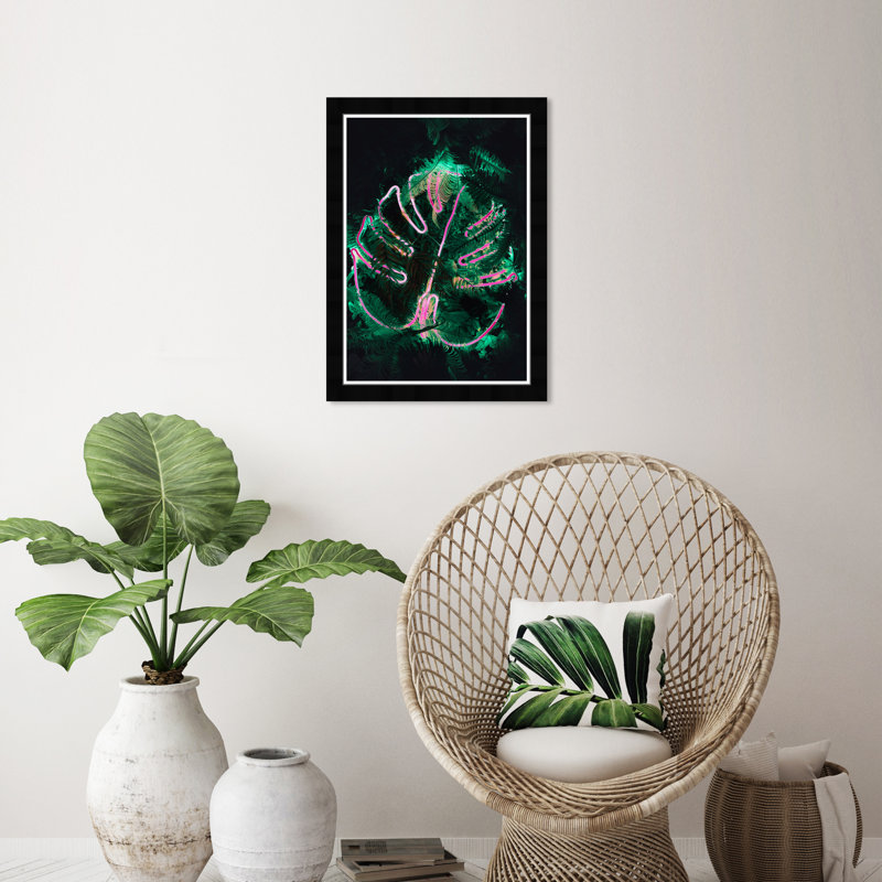 Impression sur papier florale et botanique néon Monstera, Noir