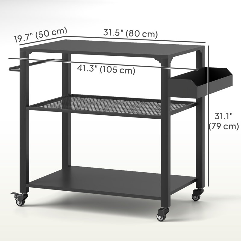 Three-Shelf Outdoor Grill Cart, 31.5" x 19.7" Multifunctional Pizza Oven Stand with Storage Rack and Side Handle, Movable Food Prep Table on Wheels