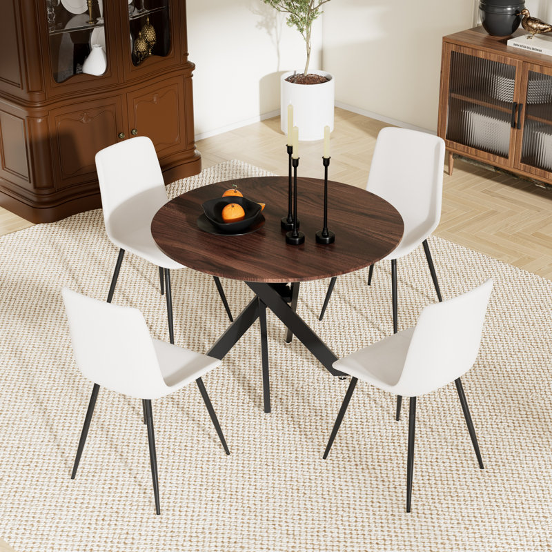 Round Dining Table Set For 4, White, Brown, 30"H x 36"L x 36"W