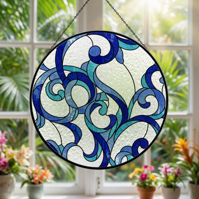 7.8"H Blue Swirl Stained Glass Window Panel
