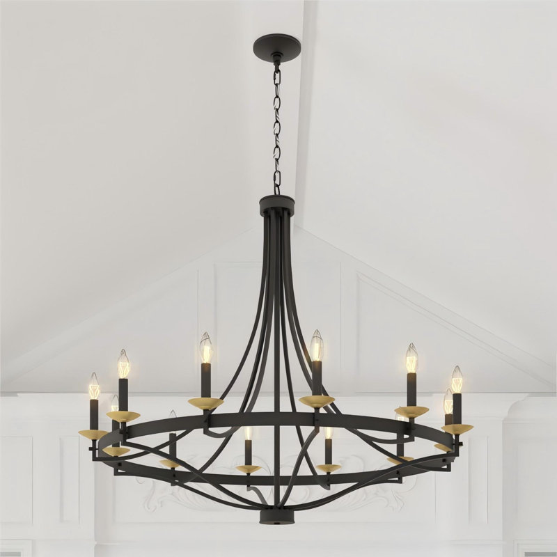 Mattheo 12-Light Dimmable Steel Candle Style Hardwired Wagon Wheel Chandelier with Adjustable Height 