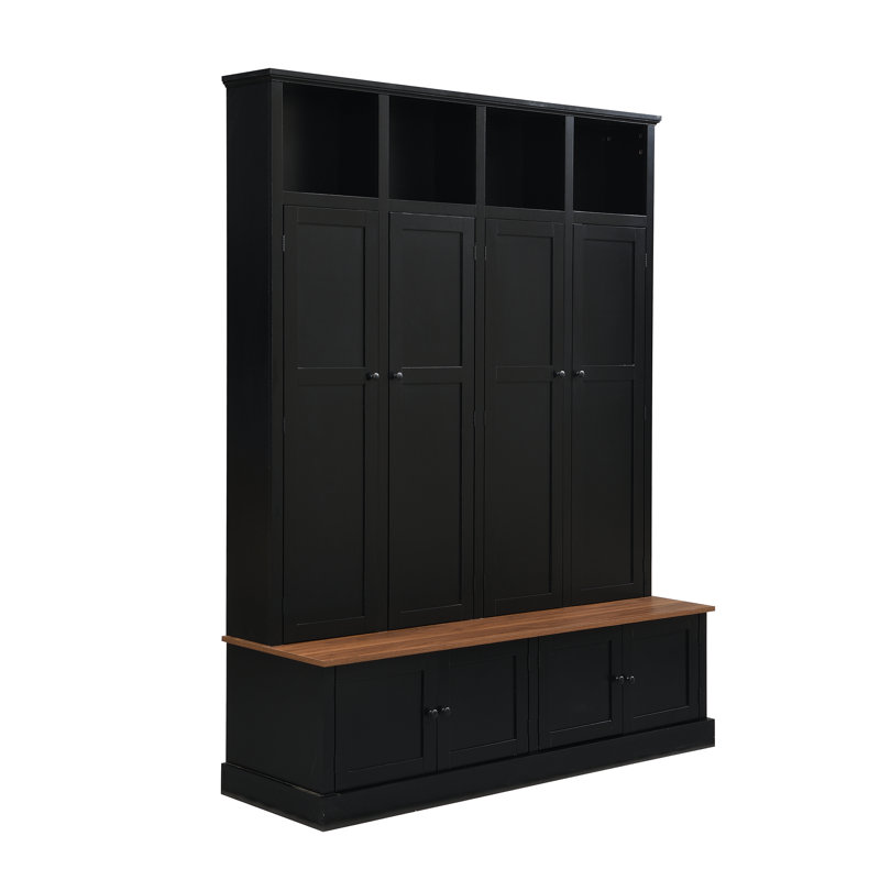 76.7''H Farmhouse Hall Tree with Bench and Cabinet, 4-in-1 Entryway Bench with Coat Rack, Modern Entryway Storage Organizer with Open Cubbies & Hooks for Hallway, Entryway, Living Room