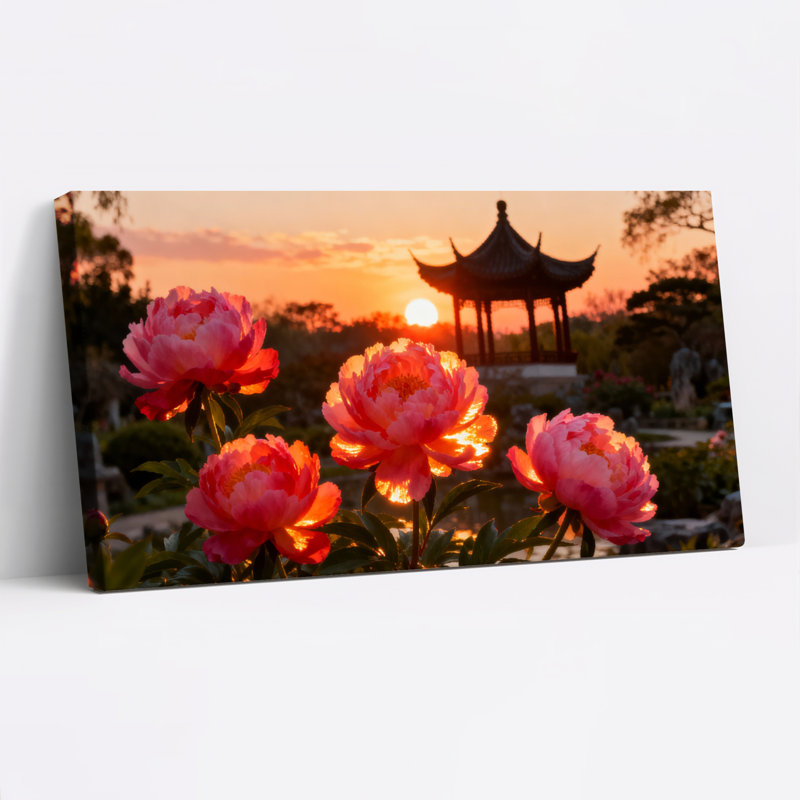 Ensemble de 1 tableau sur toile tendue représentant un paysage de coucher de soleil avec des pivoines et une pagode
