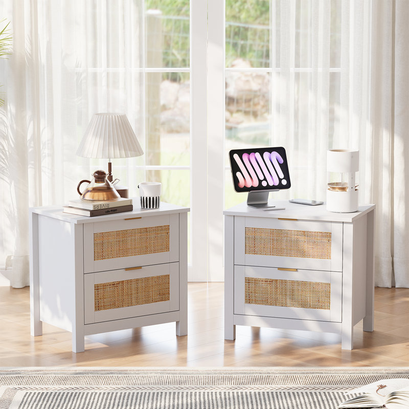 Rattan Nightstand (Set Of 2) With Wireless Charging Station & Two Drawers, White