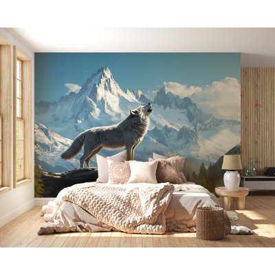 White Wolf Wallpaper In Snowy Alpine Mountains, Serene Winter Wilderness 3D Mural For Nature-Lovers, Cozy Cabins, Or Calm Scandinavian Interiors