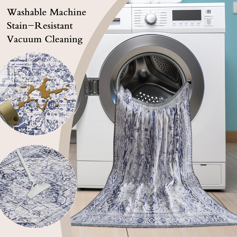 Zehorit Machine Washable Vintage Area Rug in Blue/Beige/White for Living Room, Hallway Runner, Entryway Rug