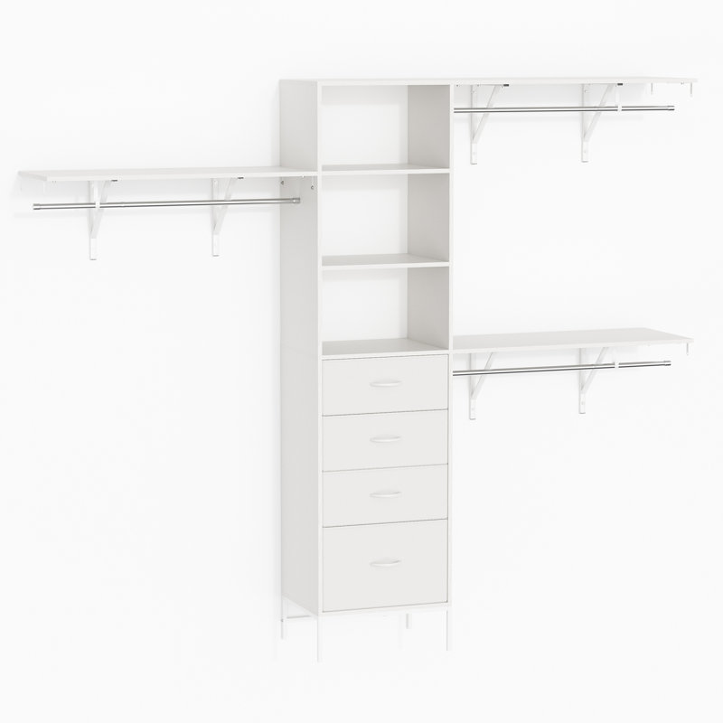 Adjustable Wooden Closet System Up to 96"W with Storage & Drawers, White