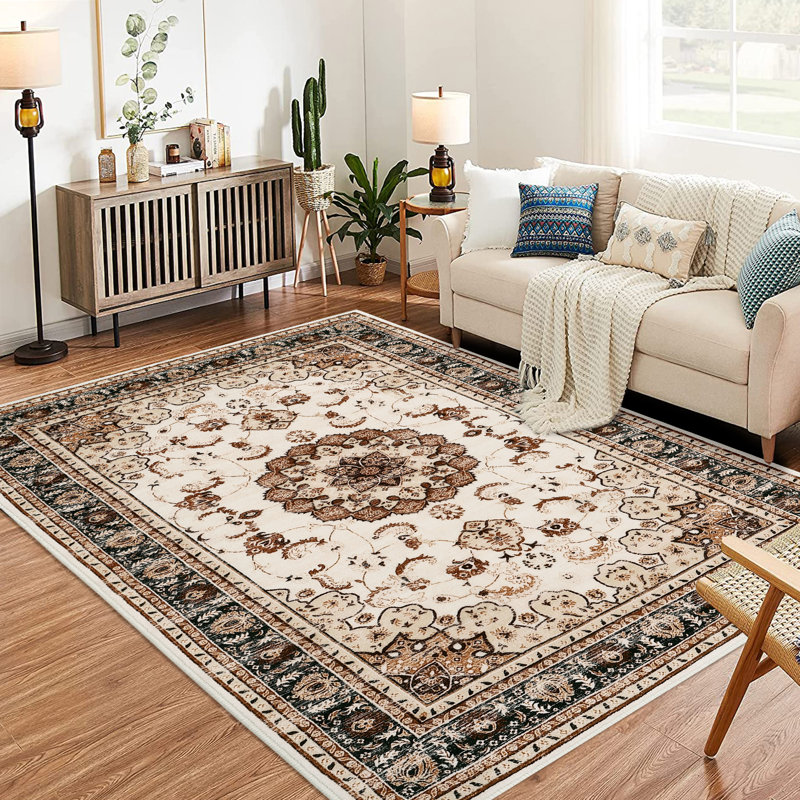 Washable Area Rug, Vintage Medallion Low Pile Non Slip Foldable Indoor Carpet, TPR Backing, Natural Tone, 4'x6', Brown