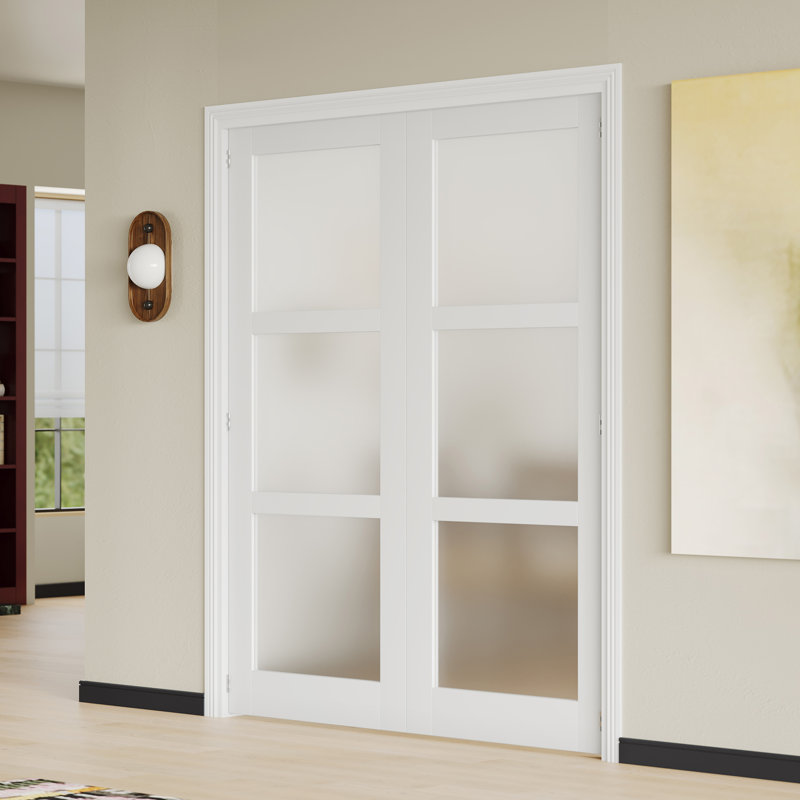 Portes intérieures doubles avec cadre assorti - Portes intérieures en panneau de fibres à densité moyenne à 3 panneaux pour espaces modernes équilibrés