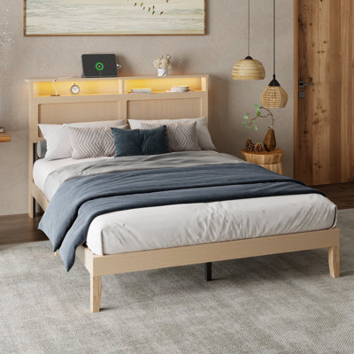 Queen Bed Frame With Natural Rattan Headboard, Queen Platform Bed Frame With LED Lights And Storage, Sturdy Wooden Slat Support, Mattress Foundation, No Box Spring Needed