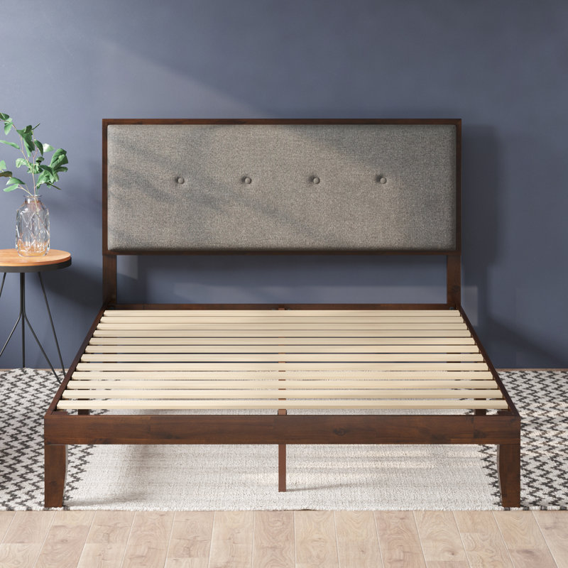 Moiz 42" Solid Wood Platform Bed Frame with Adjustable Upholstered Headboard, Queen