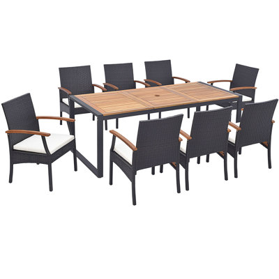  Ensemble de 9 tables de salle à manger d'extérieur en métal et chaises en rotin avec table en bois d'acacia