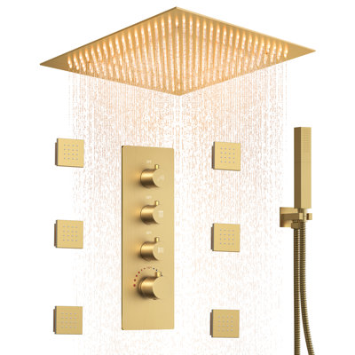 Système de douche thermostatique à effet pluie avec éclairage DEL de 20 pouces, montage au plafond, 6 jets corporels et douchette à main à double fonction.