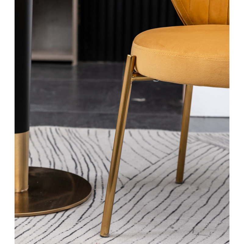 Chaise contemporaine contemporaine en velours jaune pour salle à manger - siège rond, rembourrage épais, structure en métal lisse, style l 19 po x H 30,5 po, coussin moelleux, base