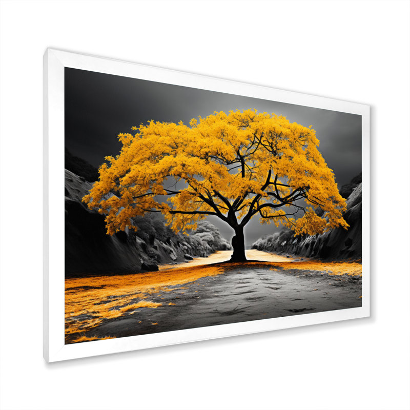 Harmonie de Mashanti, arbre jaune et gris - impressions encadrées de forêt, H 30 po x l 40 po x P 1,5 po, Cadre simple blanc