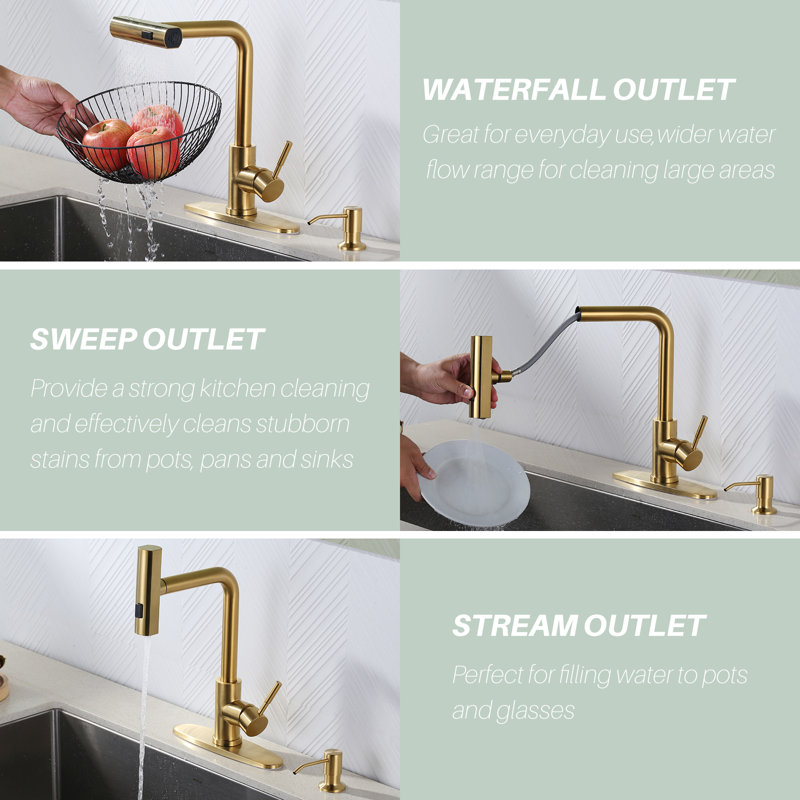 3-Mode Single Handle Waterfall Pull Down Sprayer Kitchen Faucet In Stainless Steel, Gold, With Soap Dispenser