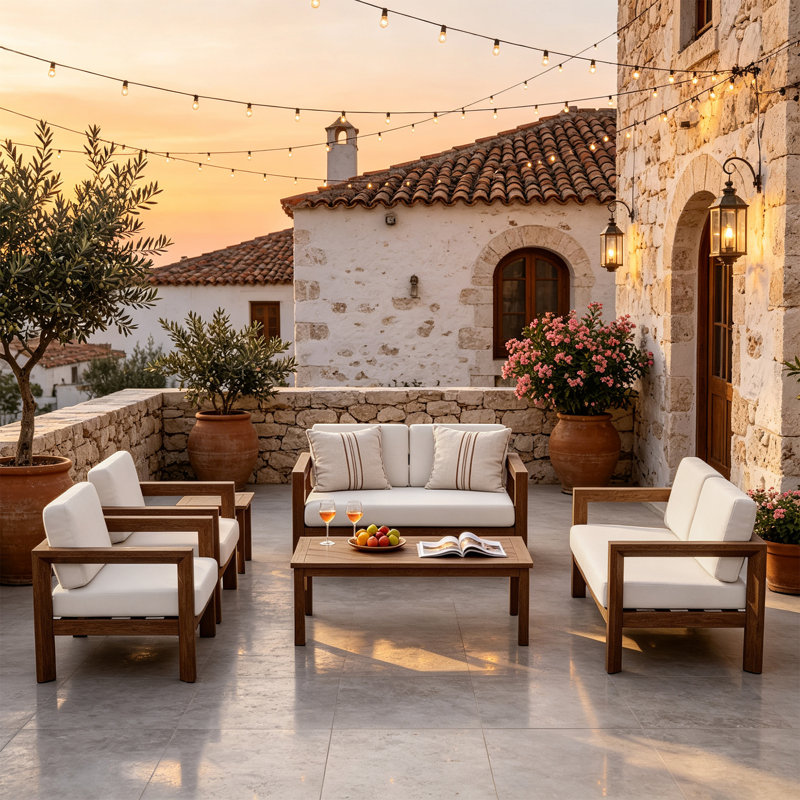 Ensemble de patio extérieur en bois massif pour six personnes avec coussins et deux tables, Beige