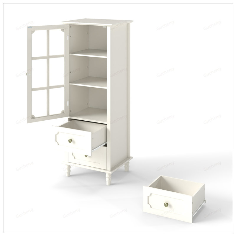 Buffet minimaliste avec portes en verre et double tiroir, rangement moderne en bois pour le salon et la salle à manger