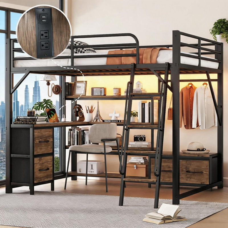 Grand lit mezzanine plateforme, chambre de jeunes, cadre en métal noir élégant avec espace de travail et rangement intégrés