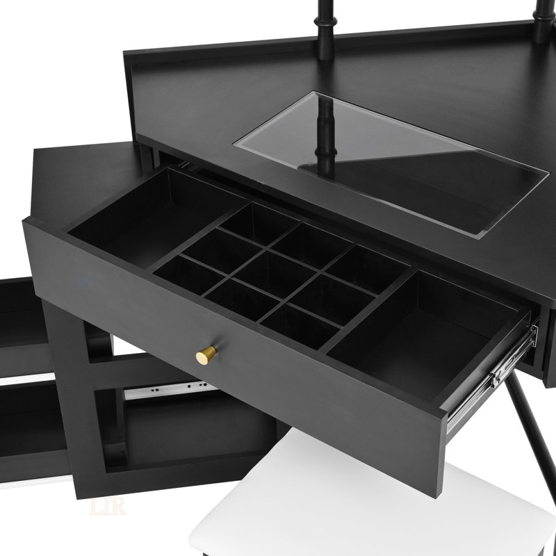 Corner Vanity Desk Set With Storage, Cushioned Stool, And Charging Station, Ideal For Modern Makeup And Workspace Efficiency