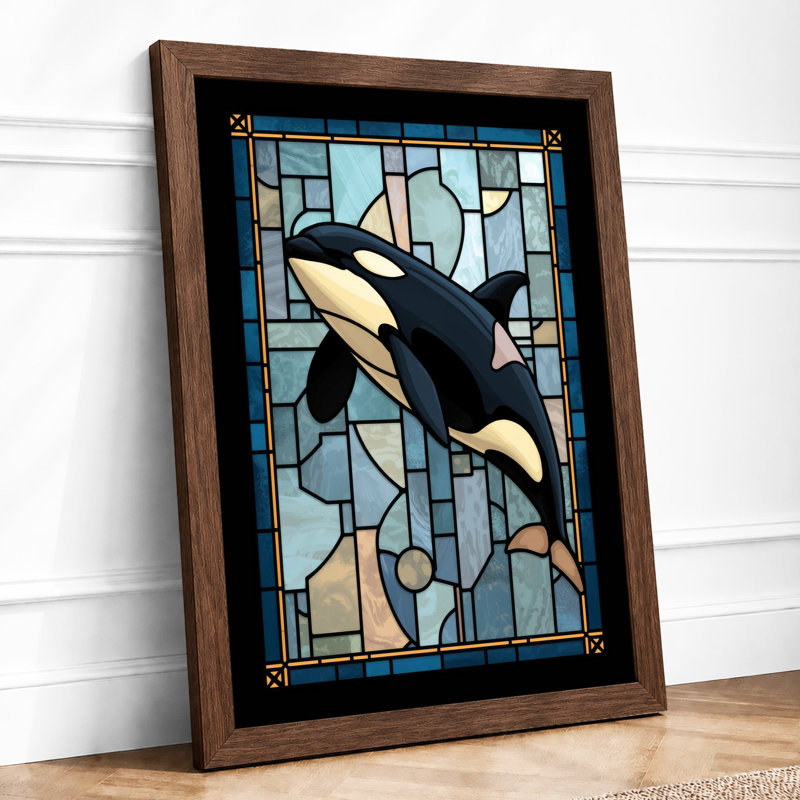 Stained Glass Orca Geometric - Framed Print, Walnut, A4 - 29.7 x 21.0 cm