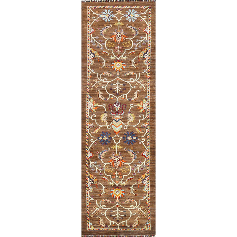 Tapis de couloir brun en laine noué à la main de conception unique 2 pi 8 po x 10 pi 2 po Lucindia