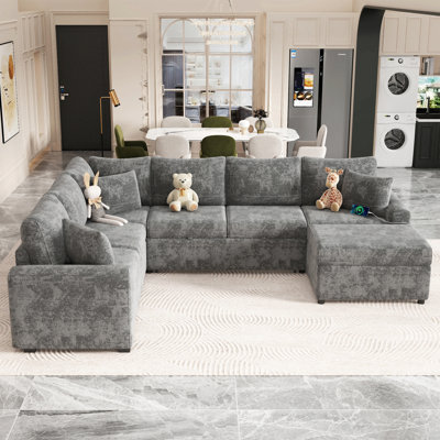 Canapé-lit 112,2 po avec canapé-lit escamotable avec repose-pieds avec rangement, trois coussins et dispositifs de chargement pour le salon, gris
